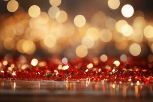 AI generated Panoramic background with colorful bokeh effect. Golden abstract lights on dark Holiday illumination and decoration concept photo