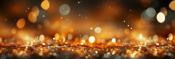 AI generated Panoramic background with colorful bokeh effect. Golden abstract lights on dark Holiday illumination and decoration concept photo