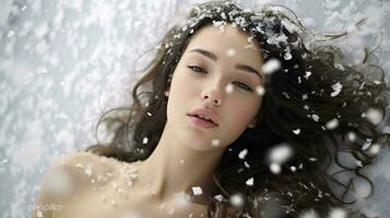 AI generated rozen Elegance Enchanting Winter Wonderland with Falling Snowflakes, Featuring a Model in Dreamlike Serenity photo