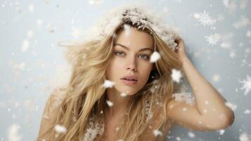 AI generated rozen Elegance Enchanting Winter Wonderland with Falling Snowflakes, Featuring a Model in Dreamlike Serenity photo