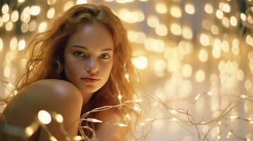AI generated Glowing Elegance Model Basks in the Enchanting Radiance of Sparkling String Lights against a Pristine White Backdrop photo