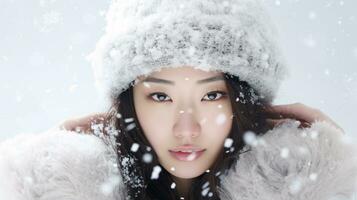 AI generated rozen Elegance Enchanting Winter Wonderland with Falling Snowflakes, Featuring a Model in Dreamlike Serenity photo