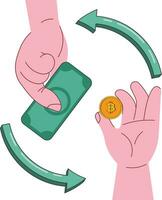 Concept of exchanging cryptocurrencies for real money. Hands holding Bitcoin and paper money. Vector illustration in retro style