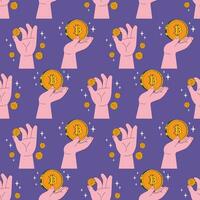 Seamless pattern about digital currency with hands and gold coin bitcoin symbol. Vector illustration in retro style