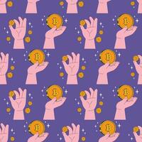 Seamless pattern about digital currency with hands and gold coin bitcoin symbol. Vector illustration in retro style