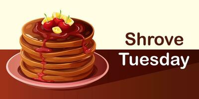 Stack of chocolate pancakes with cherry syrup and text Shrove Tuesday. Greeting banner, postcard for Pancake Day vector