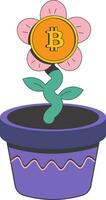 Cash flower in pot with bitcoin icon. Vector illustration in retro style about the growth of income on the cryptocurrency exchange