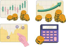 Stock exchange charts on cryptocurrency. Chart concepts for online trading on the cryptocurrency exchange. Vector illustration in retro style