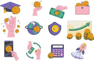 Set of icons in retro style  for online schools cryptocurrency and trading on exchanges. Hands with Bitcoin coins, Sales increase charts, wallet, Bachelor's hat vector