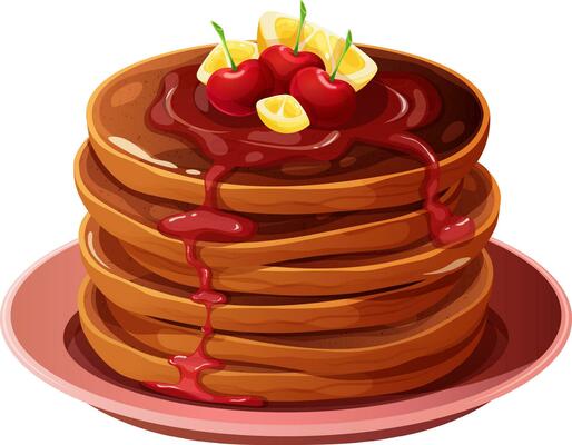 Stack of chocolate pancakes with fruit poured with syrup. Vector illustration for Pancake Day and breakfast in cartoon style