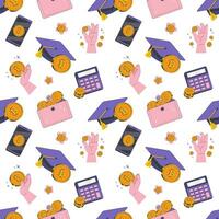Seamless pattern for cryptocurrency school with bitcoin symbol, master's hat, calculator, hands. Vector illustration in retro style