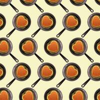 Seamless pattern of pancake hearts in frying pan on light background. Vector pattern for Pancake Day, bakery