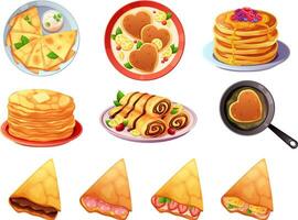 Set of delicious pancakes with various filling, chocolate, berries, syrup, honey, sour cream. Vector illustration of breakfast in cartoon style