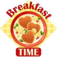 Vector image of breakfast of pancakes with berries and lettering Breakfast time, tablecloth background