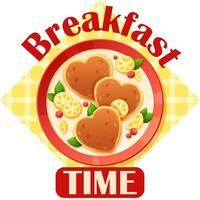 Vector image of breakfast of pancakes with berries and lettering Breakfast time, tablecloth background