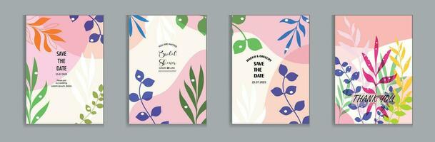 Vector bright and colorful  wedding cards, invitation template leaves, and flowers floral