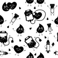 Blood donation pattern. Silhouette Character drops of blood, heart, syringe, blood bag vector