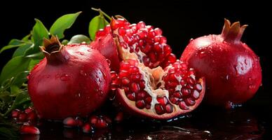 AI generated Healthy pomegranate fruits with leaves and half of a ripe pomegranate - AI generated image photo