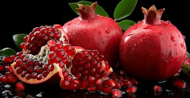 AI generated Healthy pomegranate fruits with leaves and half of a ripe pomegranate - AI generated image photo