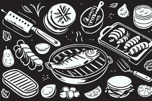 Barbecue grill hand-drawn outline doodle Set. BBQ Vector Illustration Barbecue party Sketch