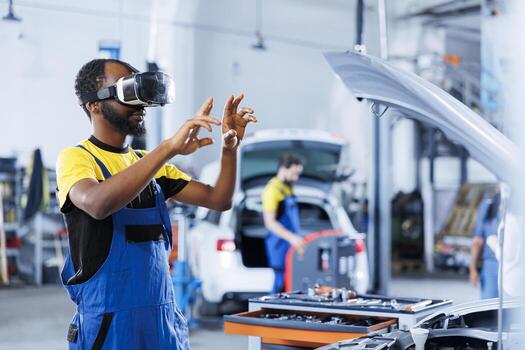 experto en auto reparar tienda utilizando virtual realidad a visualizar coche encendido sistema en orden a reparar él. bipoc experimentado garaje trabajador vistiendo futurista vr auriculares mientras trabajando en defectuoso vehículo foto