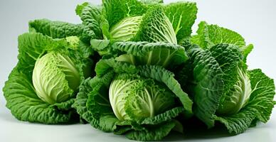 AI generated Heads of young cabbage with leaves close-up. Eco nutrition concept - AI generated image photo