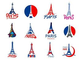 Paris Eiffel tower icons, France flag travel badge vector