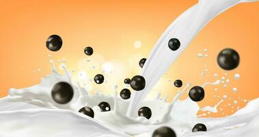 Milk splash with chocolate balls, promo background vector