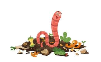 dibujos animados tierra gusano personaje comiendo compost desperdicios vector