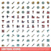 100 tool icons set, color line style vector