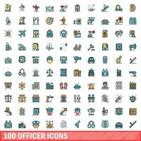 100 officer icons set, color line style vector