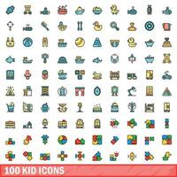 100 kid icons set, color line style vector