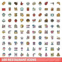 100 restaurant icons set, color line style vector