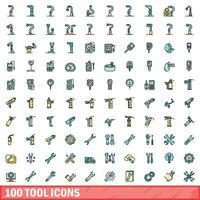 100 tool icons set, color line style vector