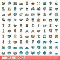 100 game icons set, color line style vector