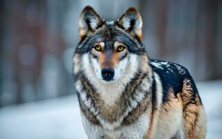 AI generated Solitude Serenity, Majestic Lone Wolf atop a Snow-Kissed Summit photo