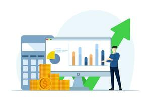 investment and business investor concept. Businessman standing with computer, calculator, stack of coins and increasing arrow. the manager makes an investment plan. Flat vector illustration.