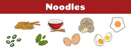 set of flat illustration icons of noodles, egg, green onion, red bowl and chopsticks vector