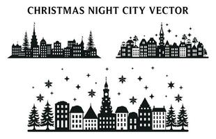 Night Christmas Building Silhouettes, Set of Night view of Christmas Building Vector