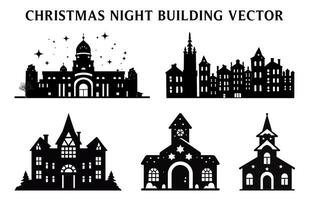 Night Christmas Building Silhouettes, Set of Night view of Christmas Building Vector