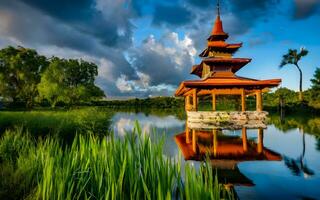 AI generated Serene Retreat, A Gazebo's View of the Tranquil River photo