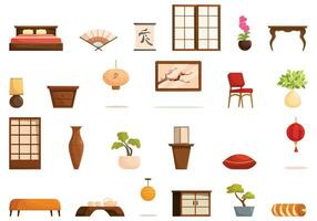 Asian bedroom icons set cartoon vector. Large bed vector