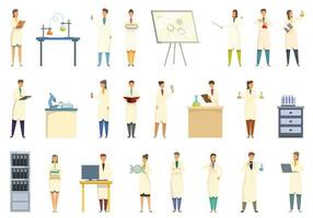 Student in university laboratory icons set cartoon vector. Boy experiment vector