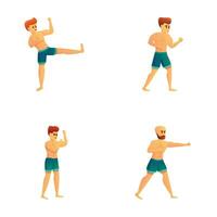 Workout icons set cartoon vector. Men practicing different kinds of martial art vector