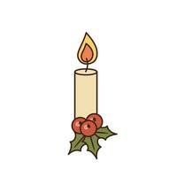 Vector Illustration of Christmas candle and holly berry. Element of xmas and New Year events. Isolated object