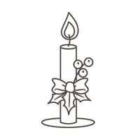 Outline vector illustration of festive candle with tied bow and holly berry. Isolated element of Christmas and Happy New Year events