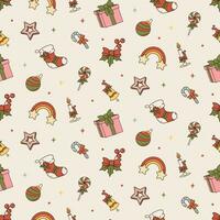 Vector Seamless pattern with Merry Christmas and Happy New Year symbols. Groovy cartoon Illustration in retro 60s 70s style. Holiday festive season background
