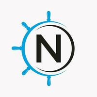 Letter N Ship Logo Concept With Ship Wheel Symbol Vector Template