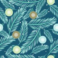 Seamless pattern of Christmas tree branches with festive glass balls. vector