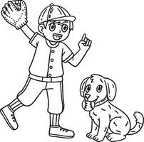 chico y perro mordiendo béisbol aislado colorante página vector